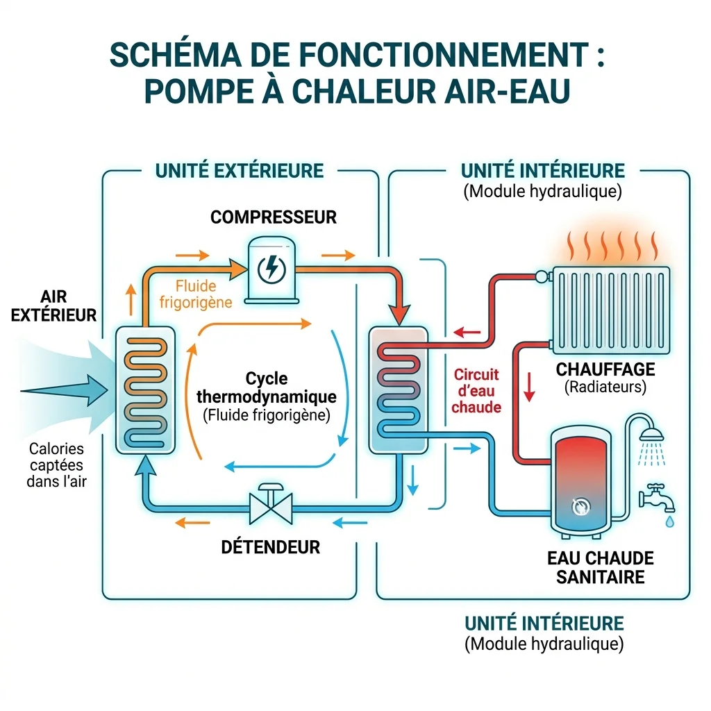 Schéma de fonctionnement d'une pompe à chaleur air-eau